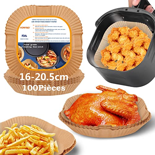 HONYAO Papier Cuisson Air Fryer 100 Pièces, 16-20,5cm Carré Paper Sulfurisé pour Friteuse a Air 2-4,5 L, Airfryer Parchemin Accessoires compatible avec Cosori Philips Cecotec Friteuse Sans Huile