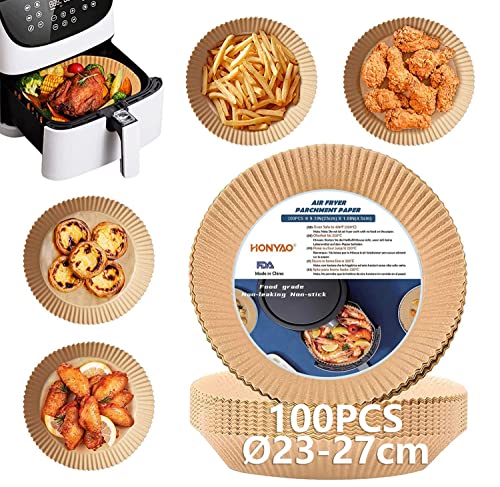 HONYAO Papier Cuisson Air Fryer 100 Pièces, 23-27cm XXL Rond Papier Sulfurisé pour Friteuse a Air 6,2-8,3 L, Airfryer Parchemin Accessoires compatible avec Princess Philips Cecotec Friteuse Sans Huile