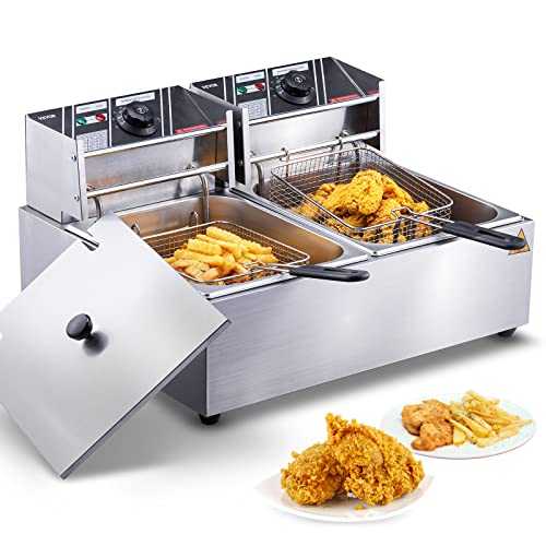 VEVOR Friteuse Électrique Commerciale 20 L Contenant 12 L de l'Huile 5000 W 2 Cuves Friteuse à Huile en Inox 2 Paniers à Frire Couvercles Température Réglable 50-200 °C pour Poulet Frit Snack-Bars