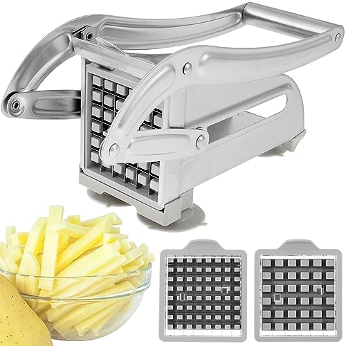 BUTORY Coupe-frites en acier inoxydable avec 2 inserts de coupe - Avec pied en caoutchouc antidérapant - Pour fruits, légumes - Passe au lave-vaisselle