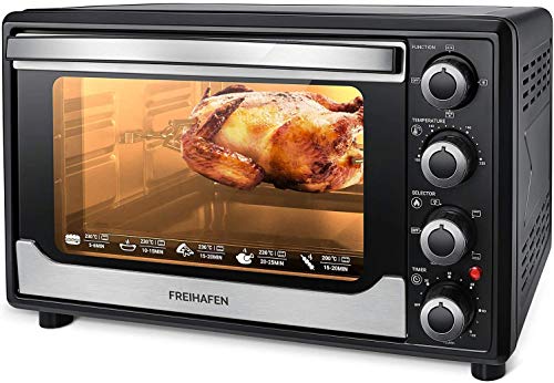 Freihafen Mini Four électrique à convection 30L, 1500W Fours avec fonction de décongélation, 12 fonctions, 100-230℃, 0-120 minutes, Idéal pour le bureau, la caravane et dortoir