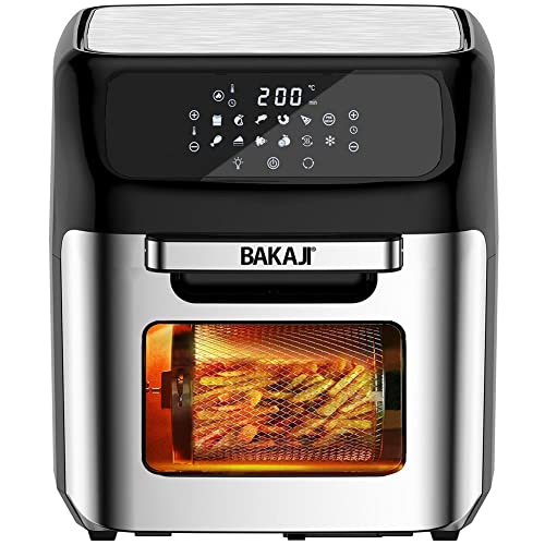 Bakaji Four Friteuse à air chaud Frigge cuisinière grille sèche sans huile Airfryer Capacité 12 L Écran LED Touch 12 Programmes Minuterie Réglage Température Puissance 1800 W (Argent)