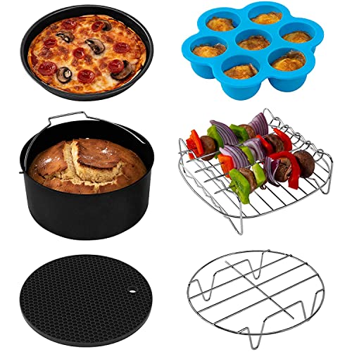 COSORI Accessoires de Friteuse sans Huile 5,5 Litre, Plateau à Pizza/Corbeille à Pain/Support en Métal/Moule à Cake/Grille de Cuisson/Cuisson à la Vapeur, C158-6AC