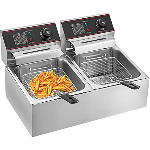 VEVOR Friteuse 12L Electrique INOX, Friteuse Commerciale en Acier Inoxydable, à Double Réservoir 5000W Friteuse avec 2Paniers à Friture avec Poignée en Caoutchouc pour Frire des Aliments Cuisiner