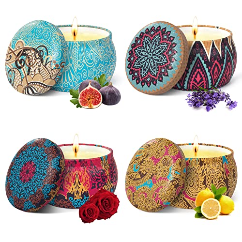 TTRWIN 4 Coffret Bougies Parfumées Citron, Lavande, Figue, Rose, 125g Bougie Parfumée en Cire de Soja Naturel, Combustion 30h, Déco pour Noël, Saint Valentin, Fête des mères