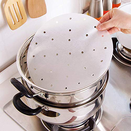 iSuperb 400 Pcs Rond Papier à Vapeur Bambou Jetable Doublure de Friteuse Paquebots Perforé Papier Dim Sum Steamer Papers (blanc)