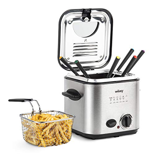 Wëasy TB600 Friteuse et fondue 2 en 1 électrique 1,2L Inox Multifonction Compact, 6 Fourchettes, Filtre Anti-odeurs, Cuve amovible, Température réglable