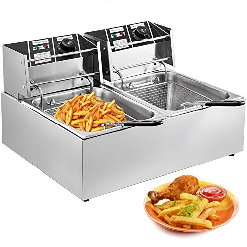 VEVOR 12L Friteuse Electrique INOX Friteuse Commerciale en Acier INOX à Double Réservoir 5000W Friteuse avec 2Paniers à Friture avec Poignée en Caoutchouc 560 x 460 x 310 mm