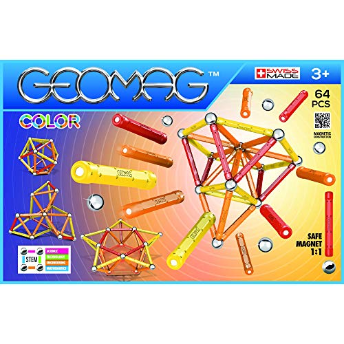 Geomag - Classic 262 Color, Constructions Magnétiques et Jeux Educatifs, GMC02, Orange/Rouge/Jaune, 64 Pièces