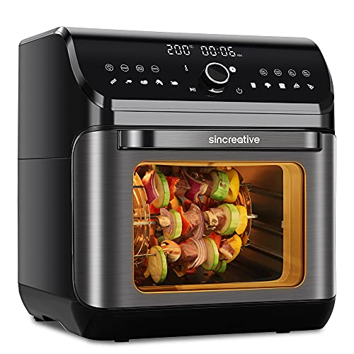 Sincreative Friteuse Sans Huile avec Rôtissoire et Déshydrateur - 7 Accessoires et Livre de Recettes - Format Familial avec LED Écran Tactile - Friteuse Air Chaud 10L Noir - Acier Inoxydable