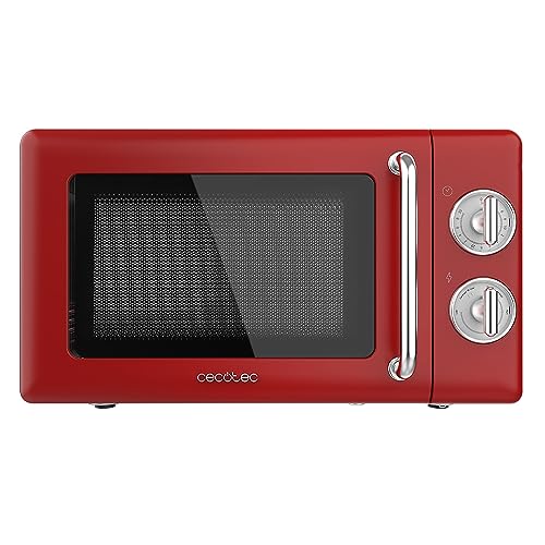 Cecotec Micro-Ondes Mécanique Proclean 3010 Rouge Rétro 20 L. 700 W sur 6 Niveaux, Minuterie jusqu'à 30 Minutes, Mode Décongélation, Design Vintage en Rouge, Finitions Acier