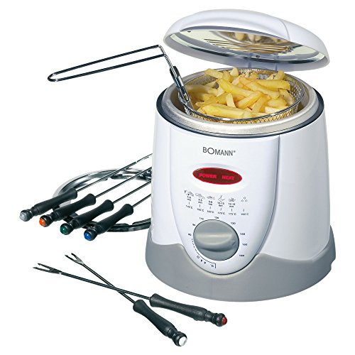 Bomann Friteuse FFR 1290 CB Friteuse à fondue 2en1 incl. 6 fourchettes à fondue, panneau de commande avec écran de contrôle, boîtier Cool-Touch, 1 litre huile/graisse, 840 watts, blanc